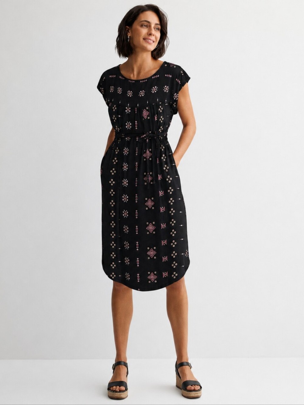 Sonoma Black Boho Geometric Midi Dress Size L